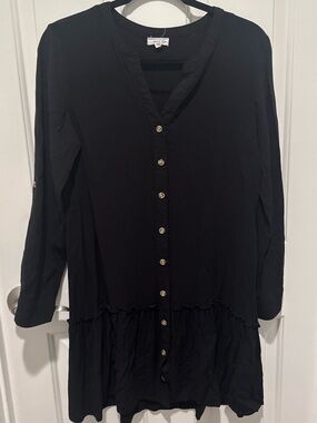 Eyeshadow Black Button-Front Ruffle Hem Dress Size M